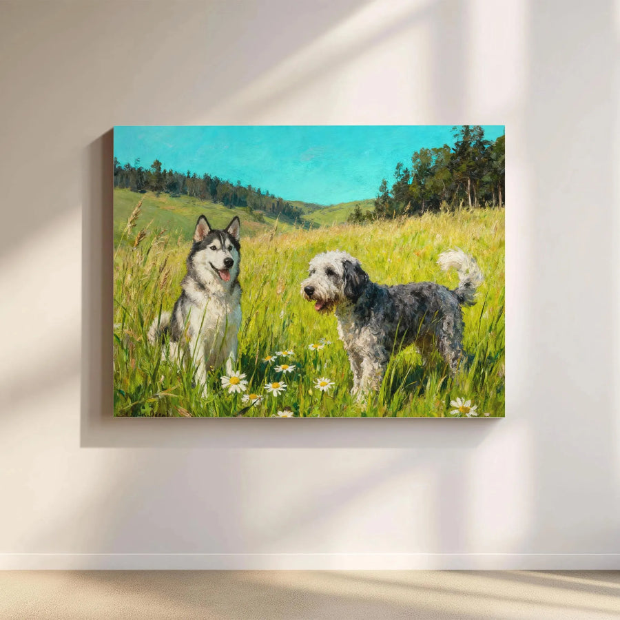 Siberian Husky and Sheepadoodle Dog Canvas Wall Art | Impressionist Daisy Field Painting | Gallery Wrapped Premium Quality | Gift for Dog Lovers