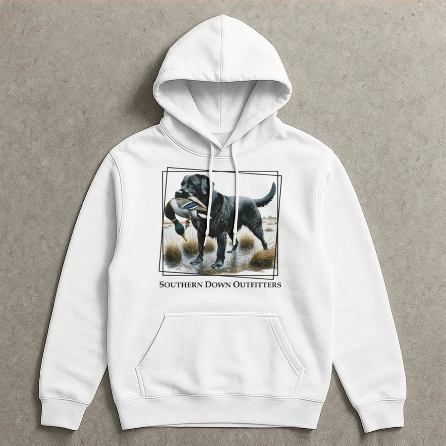 Black Labrador Duck Hunting Hoodie | Retro Retriever Waterfowl Graphic | Premium Cotton Blend | Gift for Hunters and Dog Lovers
