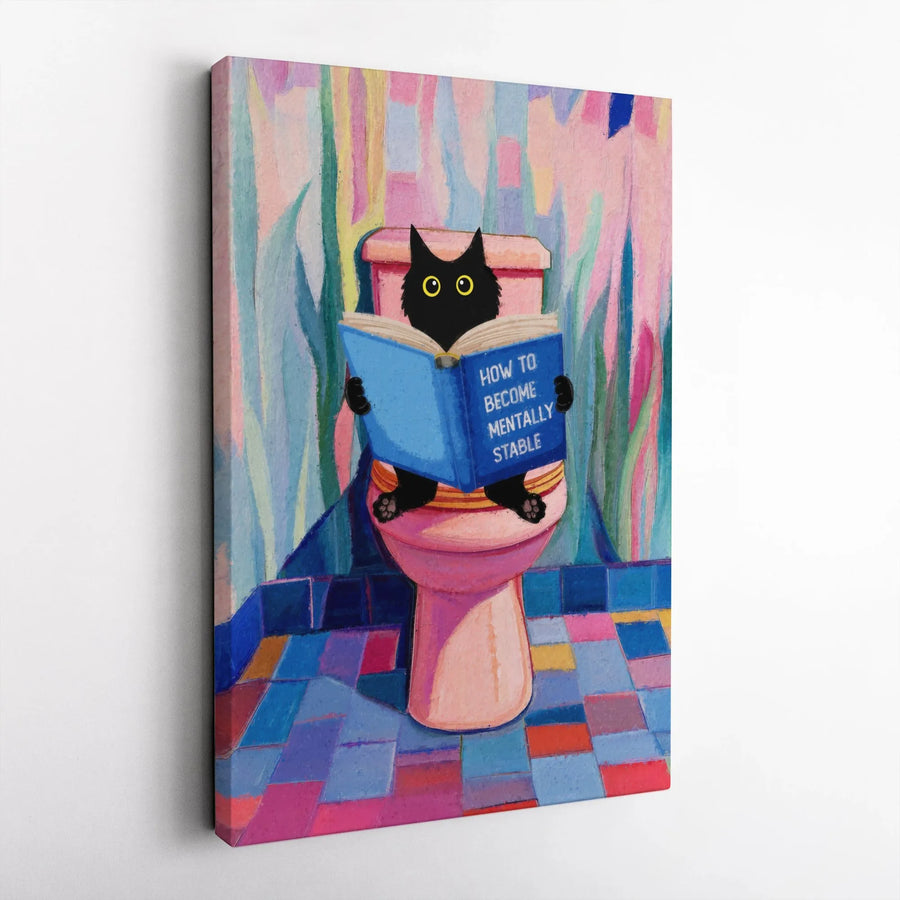 Funny Black Cat Reading Book Wall Art | How To Become Mentally Stable Print | Premium Gallery Wrapped Canvas | Quirky Bathroom Decor Gift