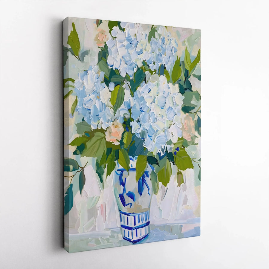 Blue Hydrangea Vertical Canvas | Impasto Floral Painting Print in Chinoiserie Vase | Premium Gallery Wrapped Canvas | Grandmillennial Home Decor Gift