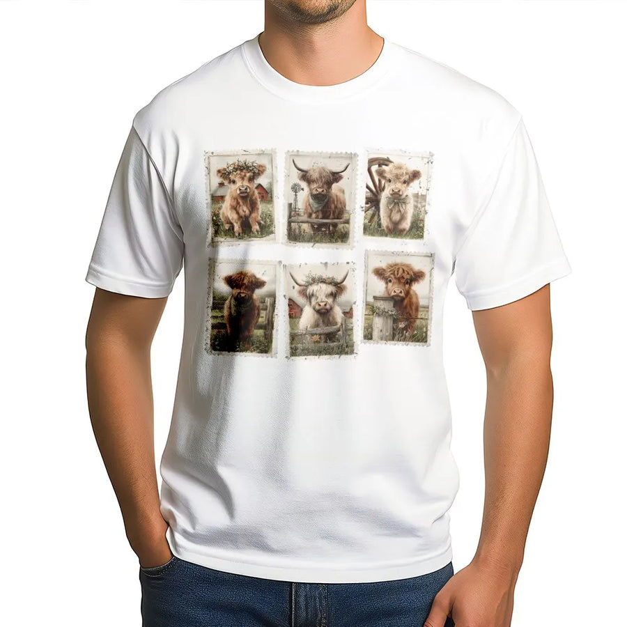 Highland Cow T-Shirt | Vintage Postage Stamp Farm Animal Collage | 100% Cotton Premium Tee | Unique Gift For Cow Lovers And Farmers