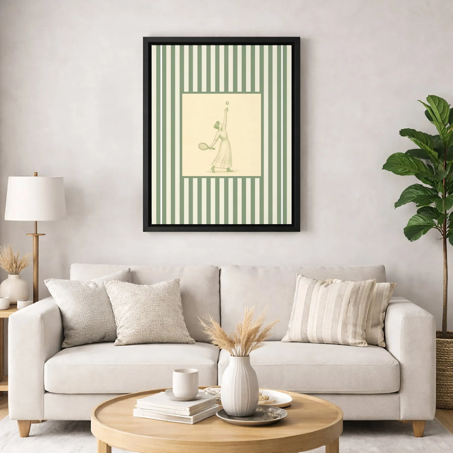 Vintage Tennis Player Canvas Wall Art | Retro Sport Sketch with Green Stripes | Premium Fade-Resistant Gallery Print | Gift for Tennis Lovers