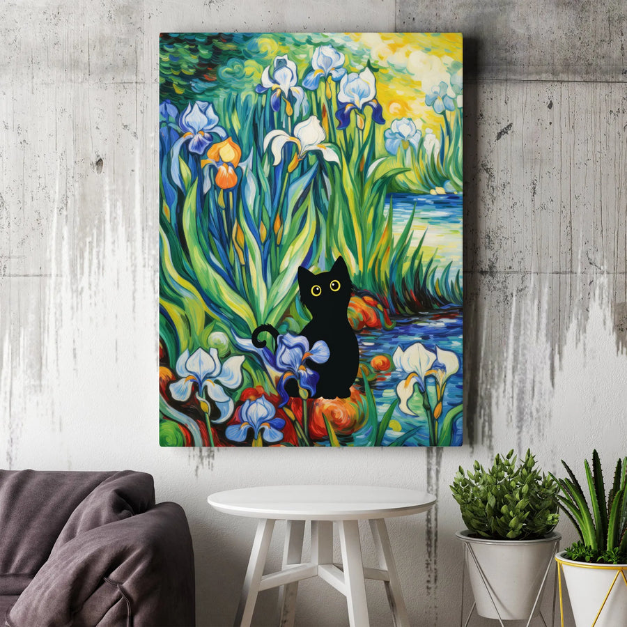 Black Cat and Irises Canvas Wall Art | Van Gogh Style Floral Painting | Premium Gallery Wrap Canvas | Gift for Cat Lover Home Decor