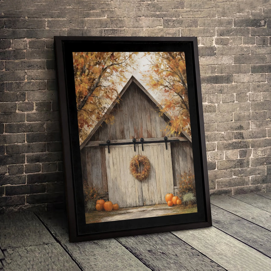 Rustic Autumn Barn Canvas Print | Farmhouse Pumpkin Wreath Wall Art | Premium Fade-Resistant Gallery Wrap | Fall Home Decor Harvest Gift