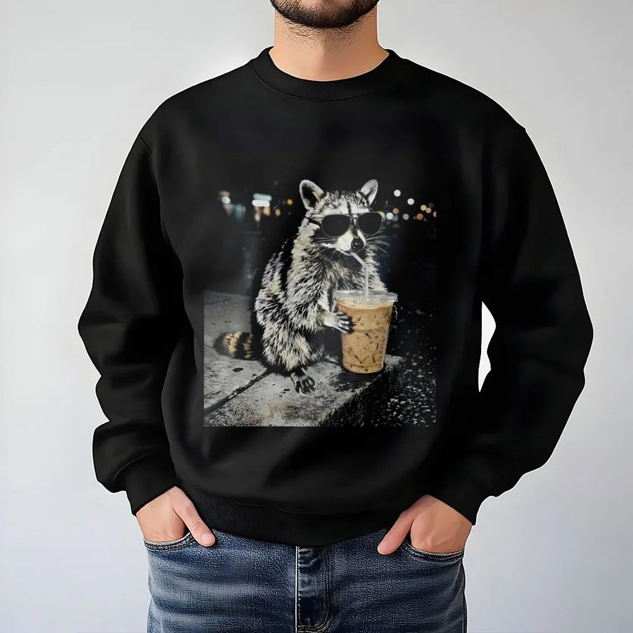 Raccoon Coffee Sweatshirt | Funny Animal With Sunglasses Graphic | Premium Cotton Blend | Quirky Gift For Coffee Lovers And Nature Enthusiasts