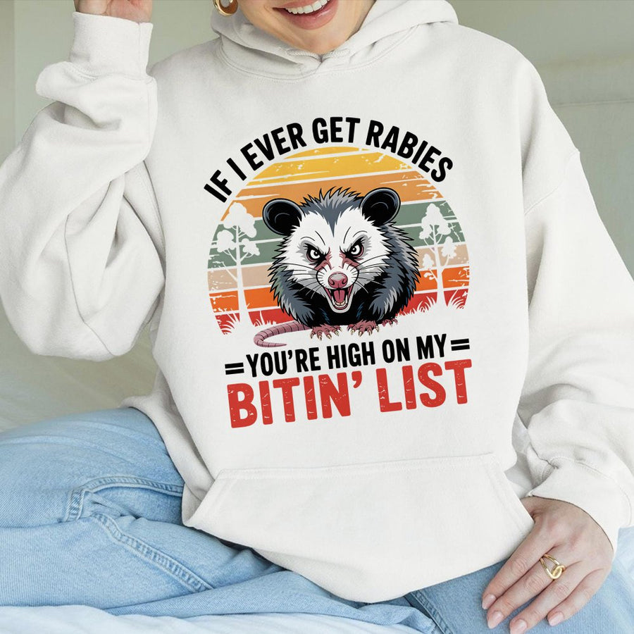 Opossum Hoodie | Funny Rabies Bitin List Retro Design | Cotton-Poly Blend Sweatshirt | Sarcastic Dark Humor Gift for Animal Lovers
