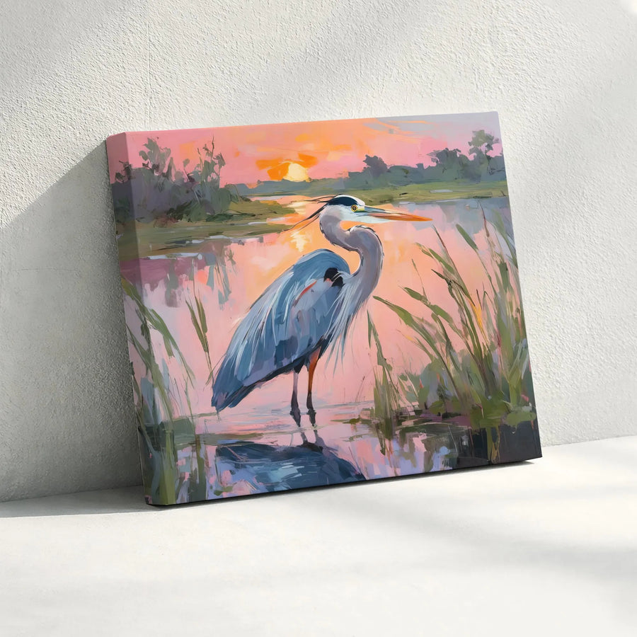 Great Blue Heron Canvas Wall Art | Impressionist Sunset Marsh Painting | Premium Gallery Wrapped Canvas | Coastal Decor Gift for Bird Watcher