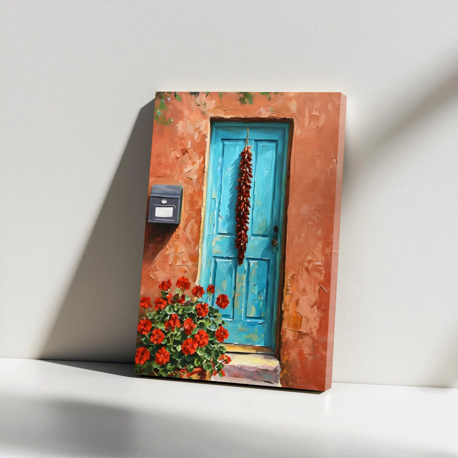 Southwestern Turquoise Door Canvas Wall Art | Rustic Chili Ristra Painting Print | Premium Thick Gallery Wrap | Santa Fe Style Kitchen & Entryway Decor Gift