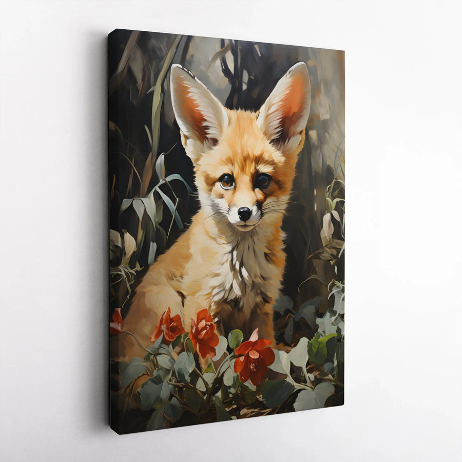 Fennec Fox Wall Art | Cute Baby Fox With Red Roses Painting | Premium Gallery Wrap Canvas | Nursery Decor or Animal Lover Gift