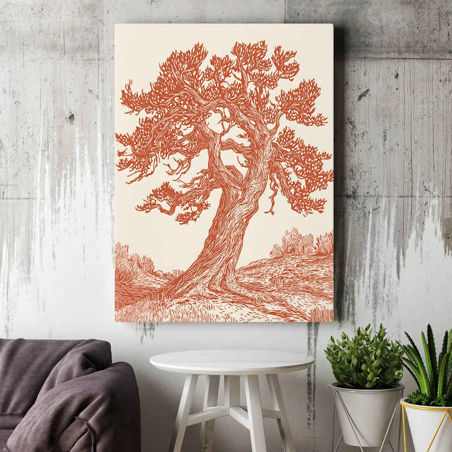 Ancient Tree Canvas Print | Minimalist Linocut Art | 1.25-Inch Gallery Wrap | Bohemian Botanical Wall Decor for Living Room