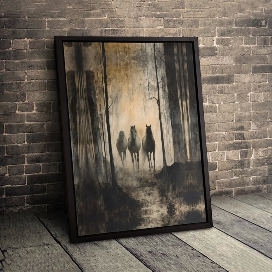 Three Horses Canvas Wall Art | Misty Forest Abstract Equine Print | Premium Gallery Wrapped Canvas | Farmhouse Equestrian Home Decor Gift