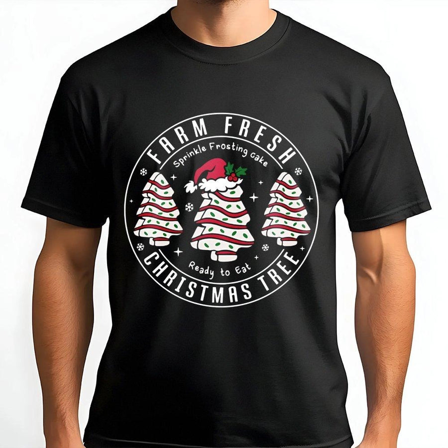 Farm Fresh Christmas Tree Cake T-Shirt | Retro Snack Treat Graphic Tee | 100% Premium Cotton Shirt | Funny Holiday Gift for Foodies and Bakers
