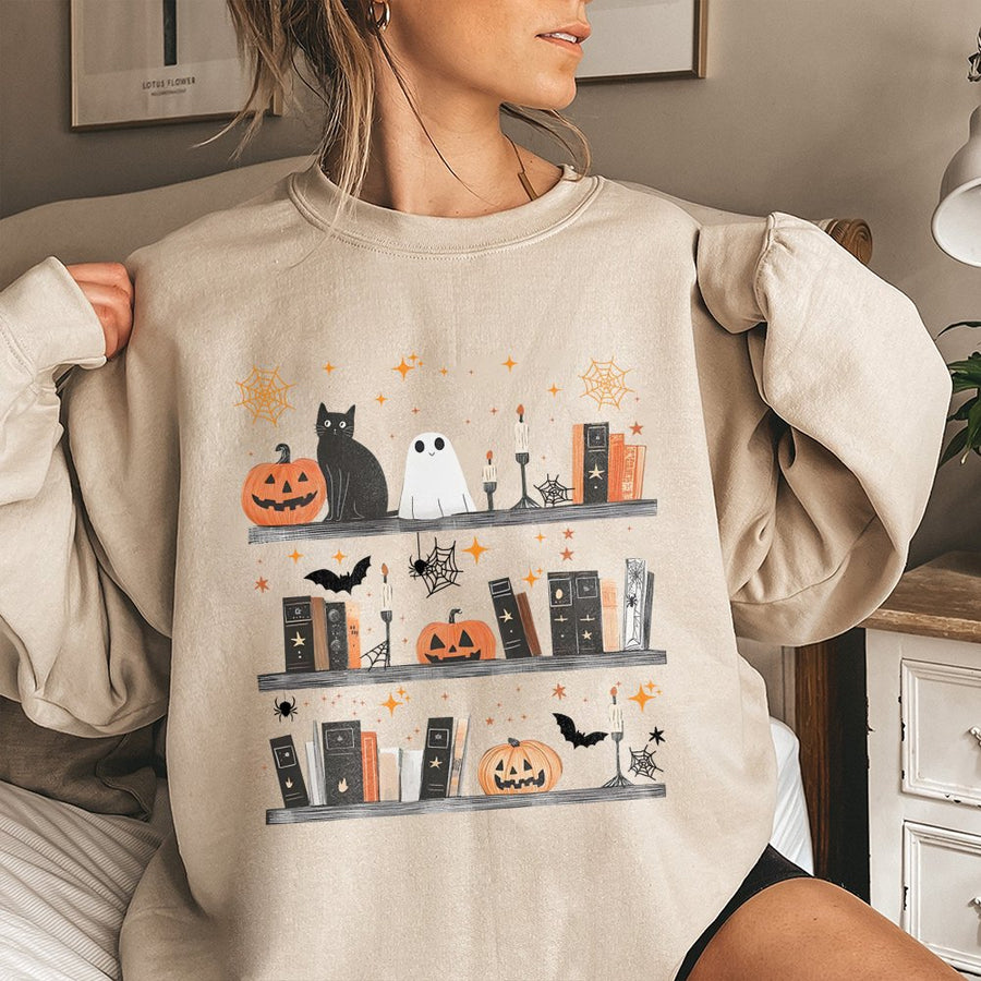 Halloween Bookshelf Sweatshirt | Ghost Cat Reading Design | Premium Cotton Blend | Cozy Gift for Book Lovers and Readers