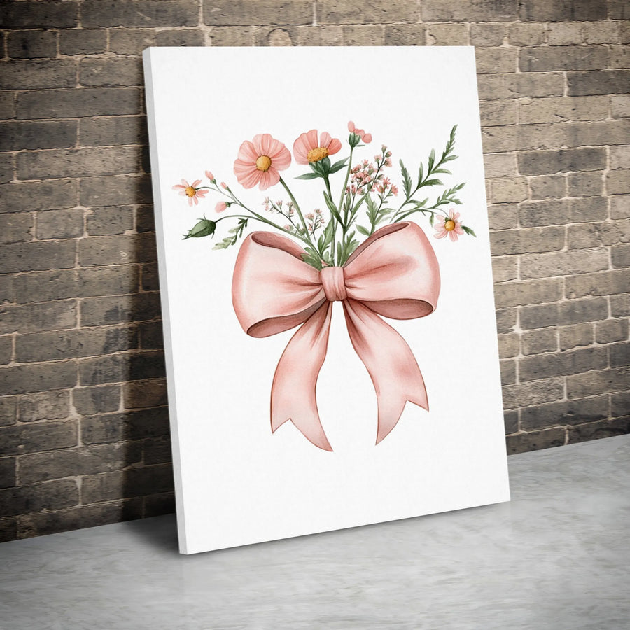 Pink Wildflower Bouquet Canvas Art | Watercolor Floral Print with Ribbon Bow | Premium Gallery Wrapped Wall Decor | Aesthetic Home Office Gift