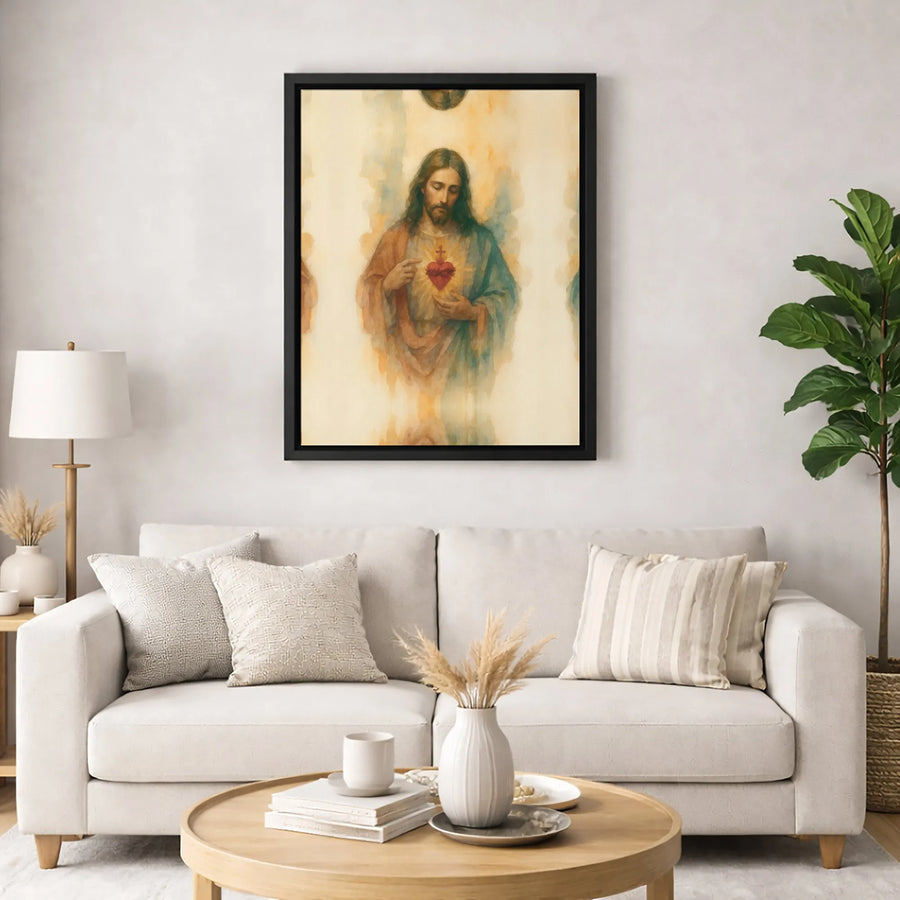 Sacred Heart of Jesus Canvas Wall Art | Watercolor Religious Portrait | 1.25-Inch Gallery Wrap | Christian Home Decor Gift