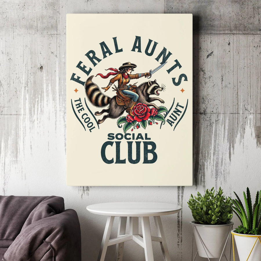 Feral Aunts Social Club Canvas Print | Tattoo Style Raccoon Rider Art | Premium Gallery Wrapped Canvas | Funny Gift for The Cool Aunt