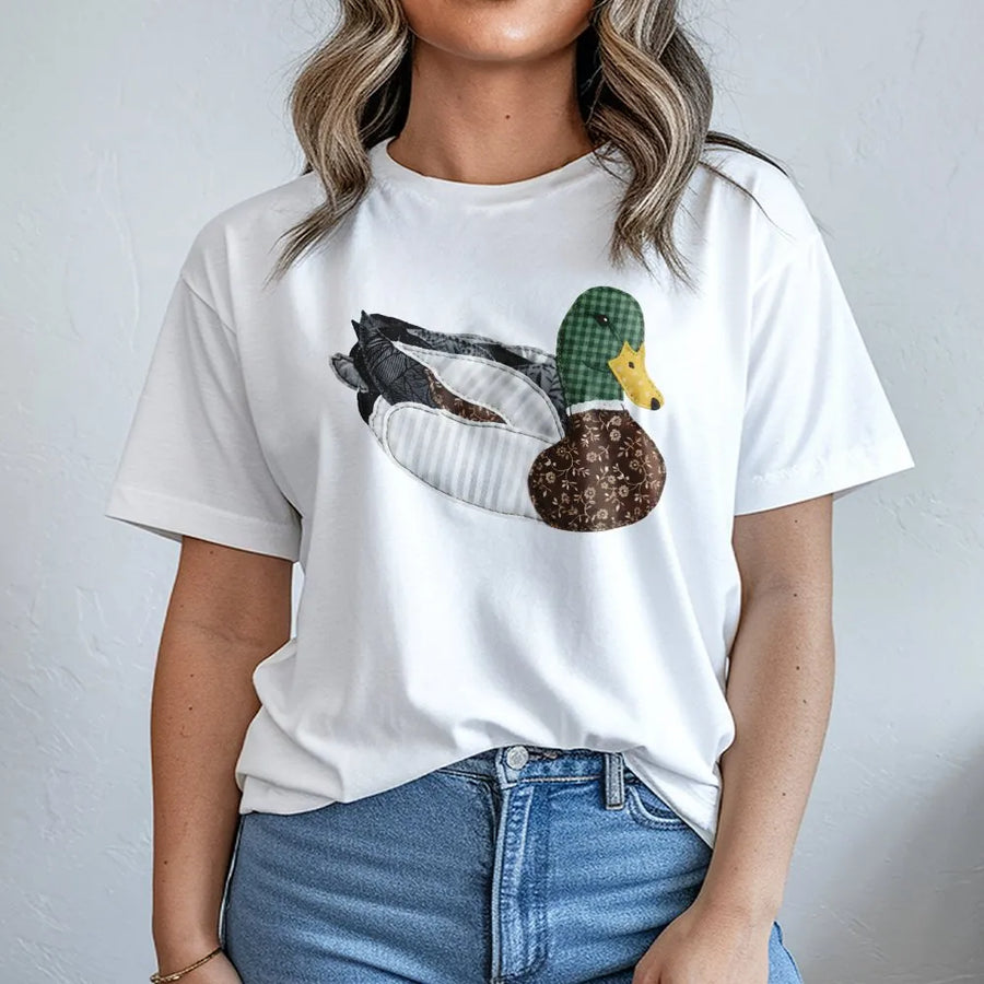 Mallard Duck T-Shirt | Patchwork Quilt Style Nature Graphic | 100% Cotton Premium Tee | Unique Wildlife Gift for Bird Lovers