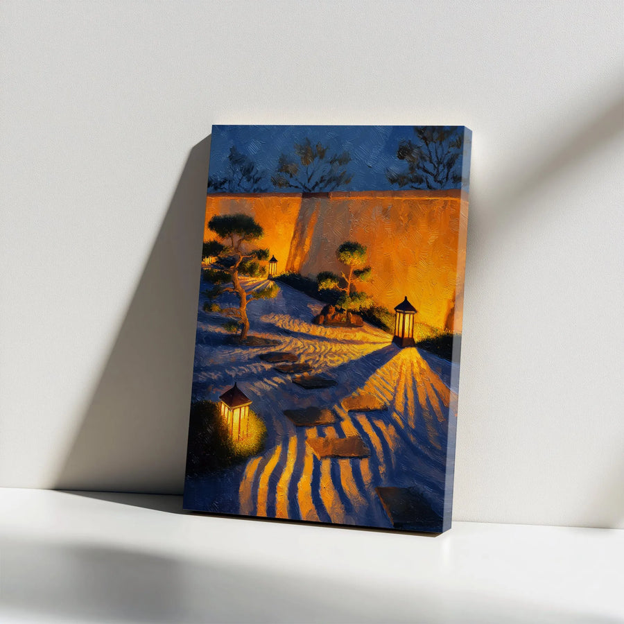 Japanese Zen Garden Canvas Wall Art | Night Impressionist Painting with Glowing Lanterns | Premium Gallery-Wrapped Print | Peaceful Home Decor Gift