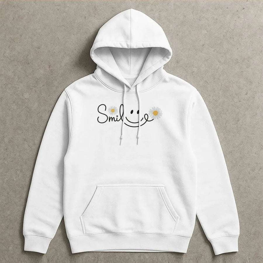 Smiley Daisy Hoodie | Cute Aesthetic Floral Smile Graphic | Premium Cotton-Poly Blend | Unisex Gift for Her or Him