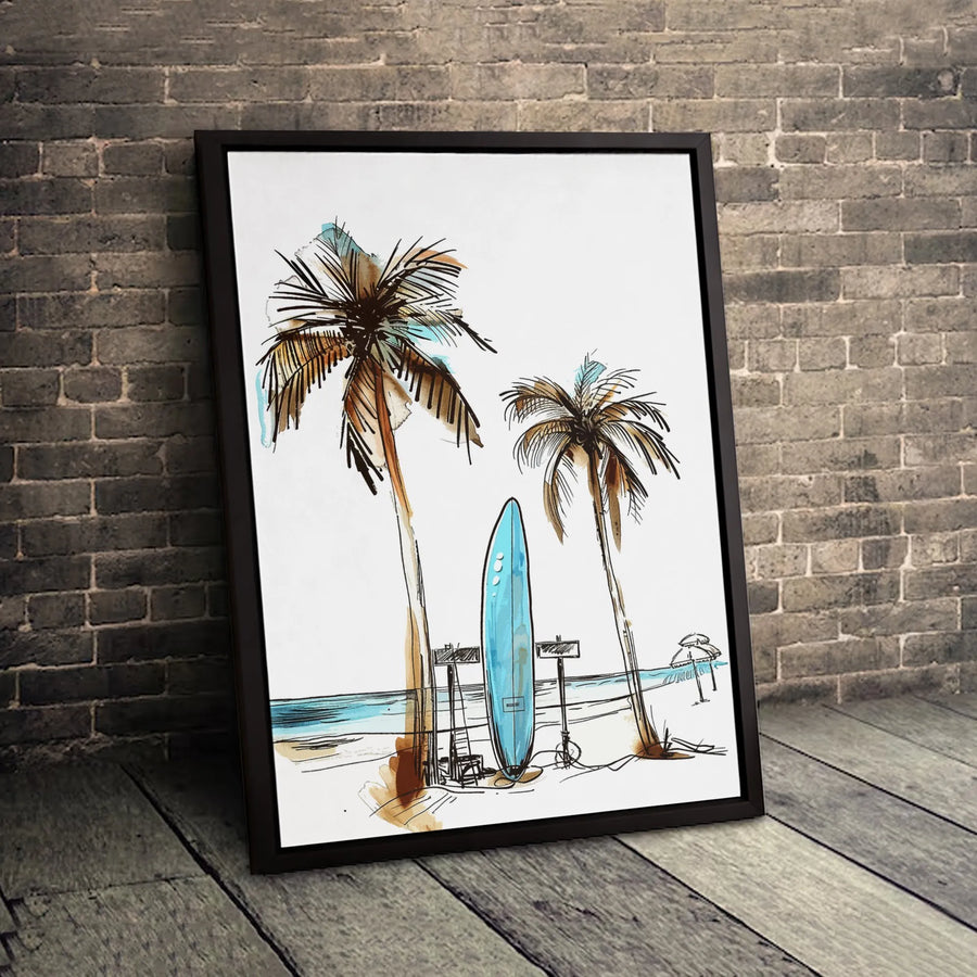 Coastal Palm Trees And Surfboard Wall Art | Watercolor Sketch Print | Premium 1.25-Inch Gallery Canvas | Beach House Decor