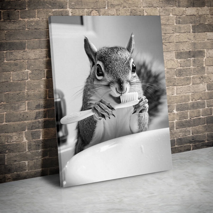 Funny Squirrel Brushing Teeth Vertical Canvas | Whimsical Black and White Animal Photography | Premium Wall Art | Unique Kids Bathroom Decor Gift