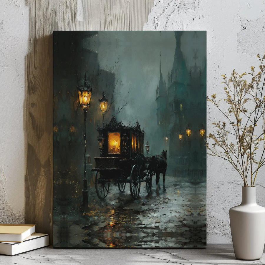 Victorian Gothic Wall Art | Foggy Horse-Drawn Carriage Scene | Premium Gallery-Wrapped Canvas | Dark Academia Home Decor Gift