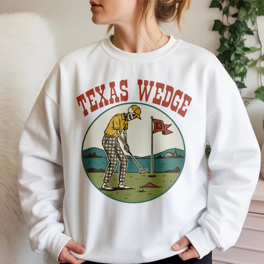 Texas Wedge Golf Sweatshirt | Vintage Skeleton Golfer Graphic | Premium Cotton Blend Crewneck | Funny Golf Gift for Men and Women