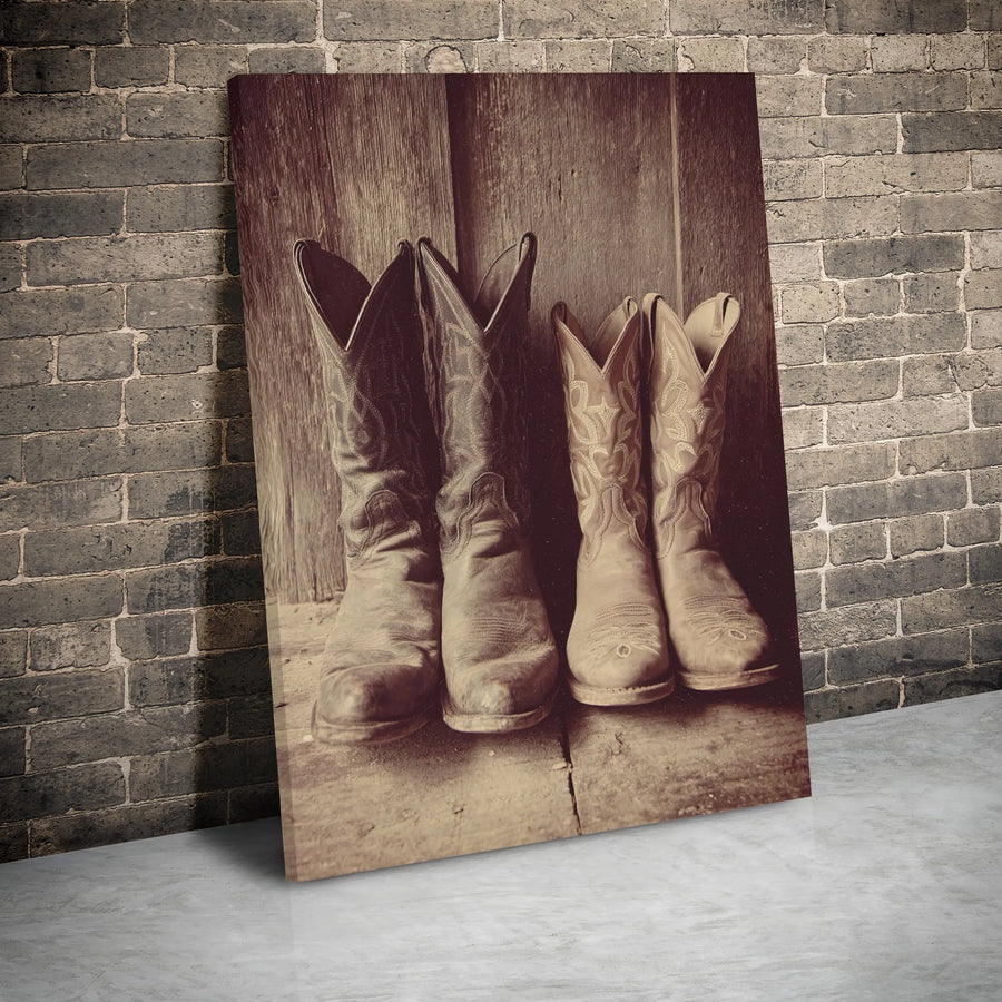 Western Cowboy Boots Canvas Wall Art | Rustic Sepia Farmhouse Photography | 1.25-Inch Gallery Wrap Print | Country Home Decor Gift