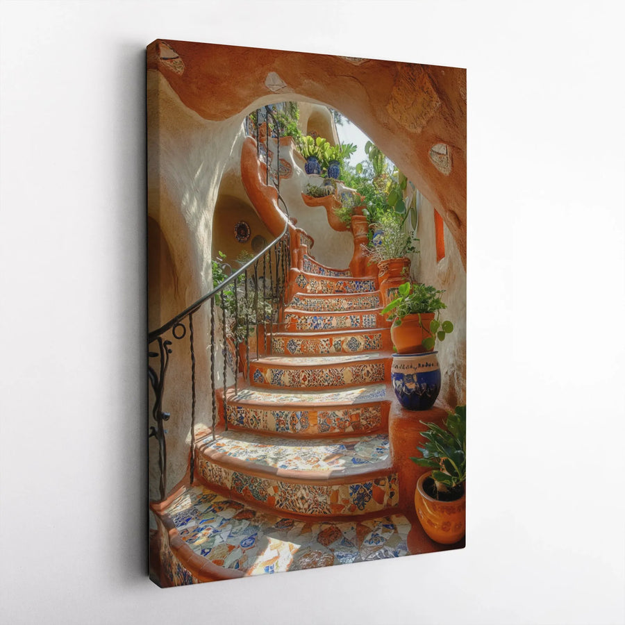 Mediterranean Tiled Staircase Canvas Art | Bohemian Garden Path Wall Decor | Premium Fade-Resistant Print | Large Framed Wall Hanging for Home