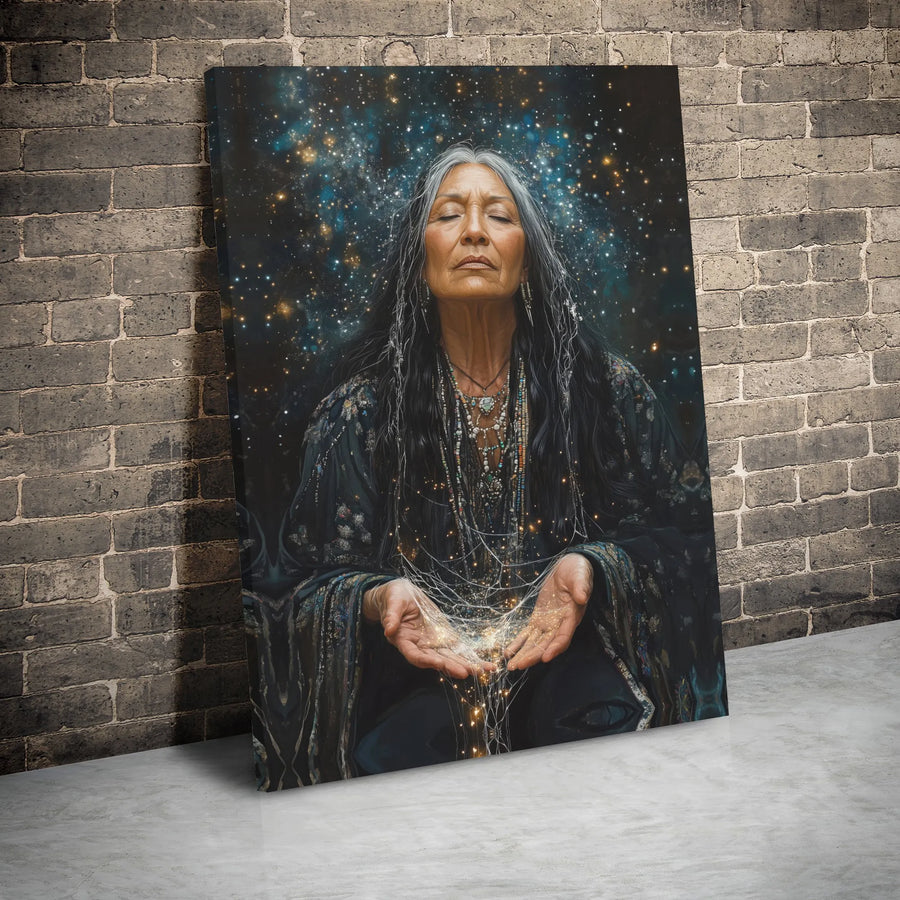 Spiritual Native American Woman Wall Art | Cosmic Stardust Galaxy Portrait | Premium Gallery Wrapped Canvas | Bohemian Meditation Home Decor Gift