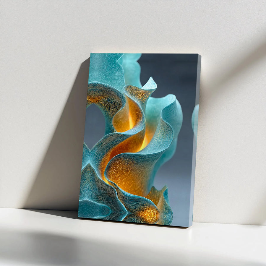 Abstract Teal and Gold Canvas Wall Art | Glowing Modern Wavy Fluid Print | Premium Gallery Wrap Decor | Contemporary Home Office Living Room Gift