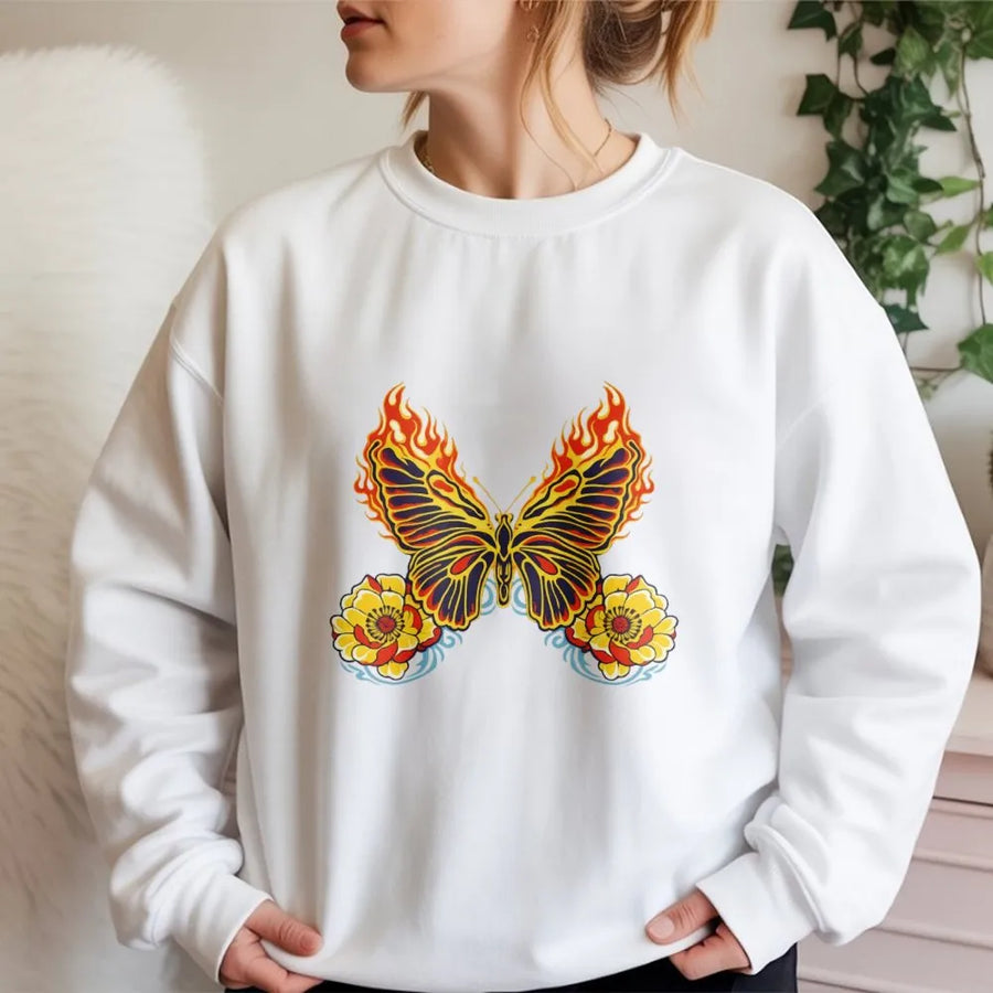 Flaming Butterfly Sweatshirt | Neo-Traditional Tattoo Art Graphic | Premium Cotton Blend | Artistic Unisex Gift for Men and Women