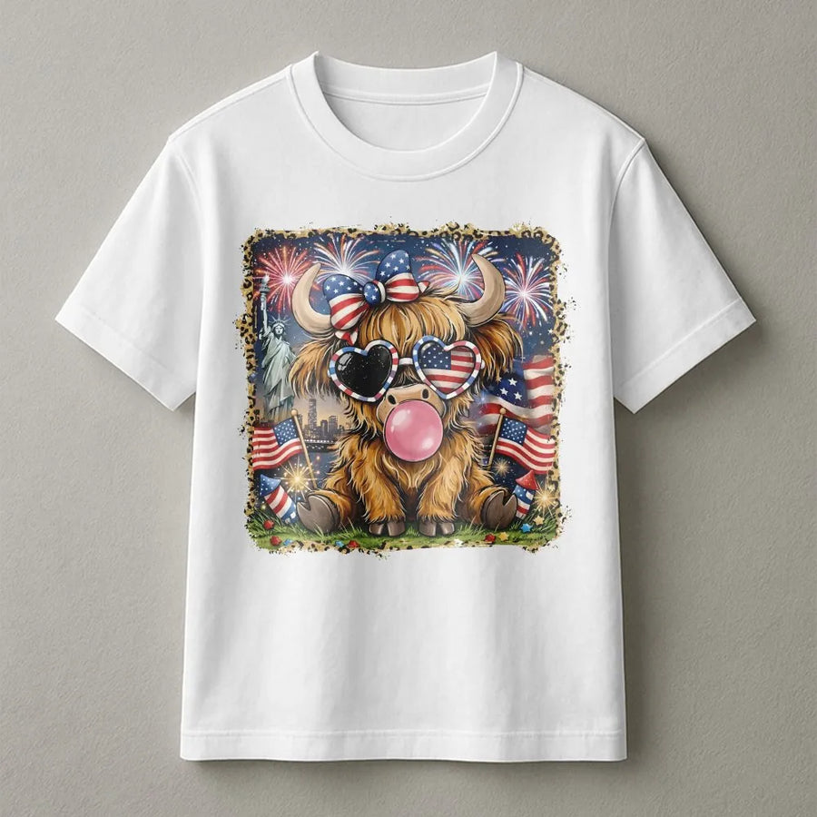 4th of July Highland Cow T-Shirt | Patriotic American Flag & Leopard Print Graphic | Soft Cotton Blend | Western USA Outfit Gift for Women
