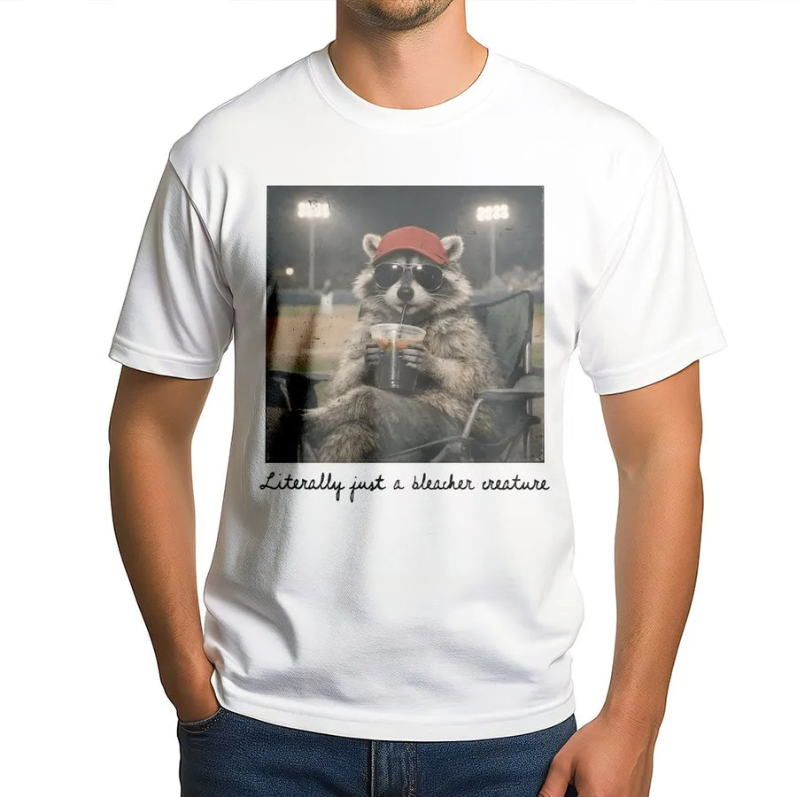 Bleacher Creature T-Shirt | Funny Raccoon Baseball Graphic | Cozy Unisex Crewneck | Gift for Baseball Mom, Softball Fan Gift