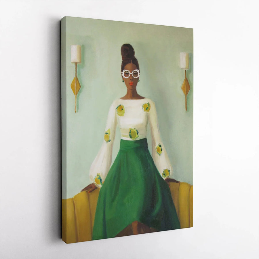 African American Art Vertical Canvas | Modern Black Woman Portrait with Puff Sleeves | Premium Gallery Wrapped Print | Living Room Wall Decor Gift