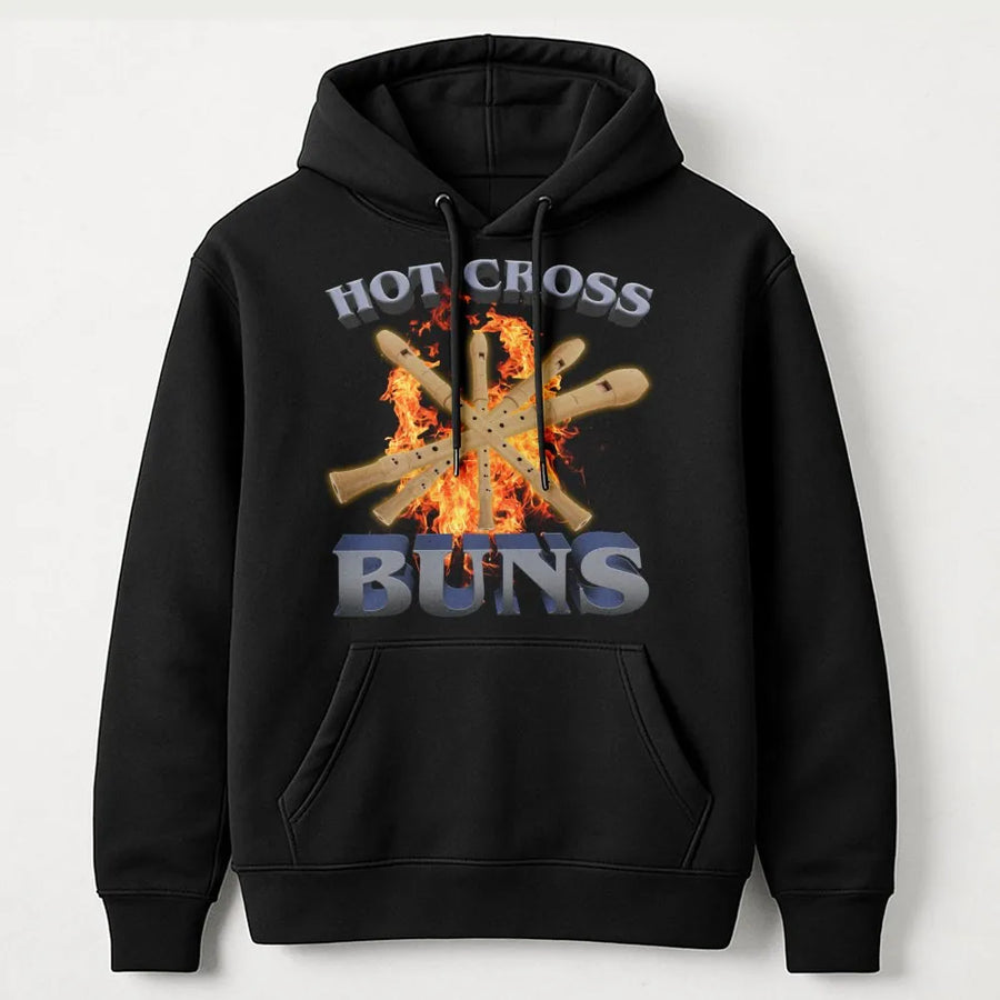 Hot Cross Buns Hoodie | Funny Music Teacher Gift | Premium Cotton-Poly Blend Pullover | Music Lover & Recorder Player Apparel