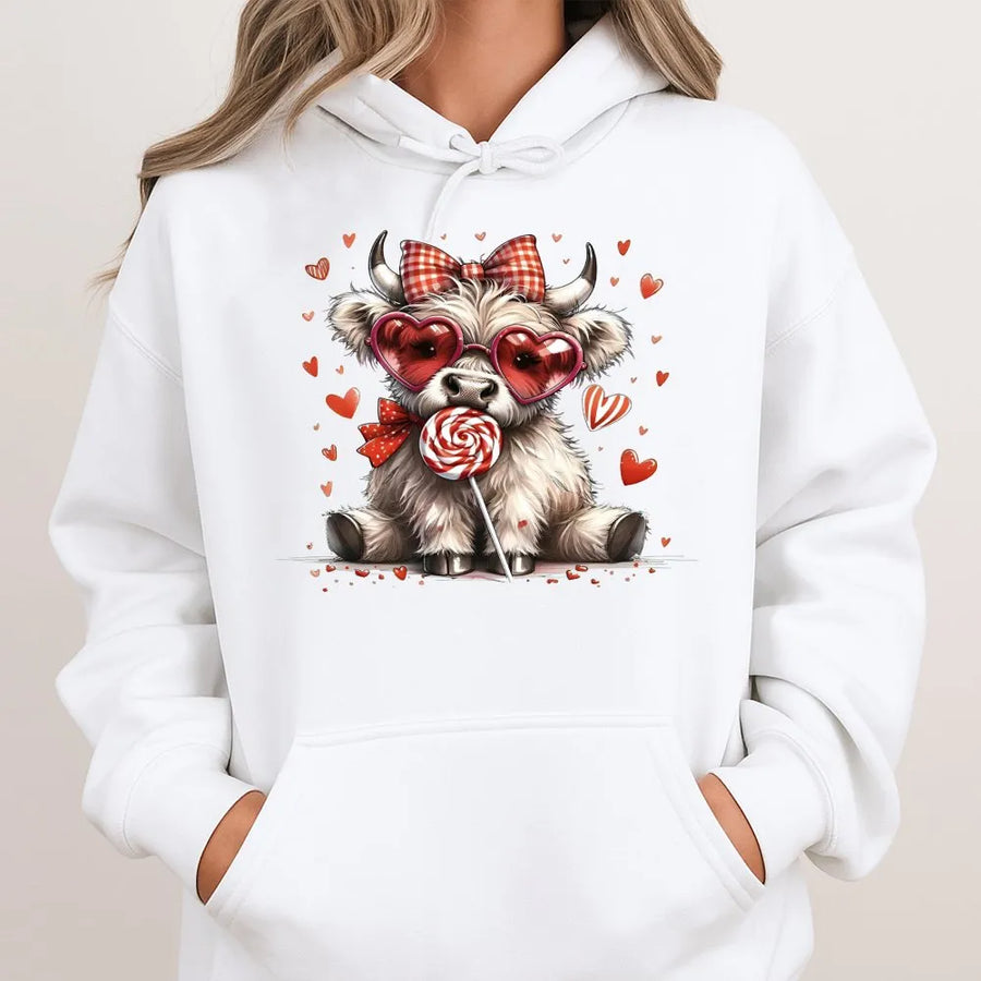 Valentine Highland Cow Hoodie | Cute Heart Sunglasses Print | Premium Cotton Blend | Gift For Her Kids Women