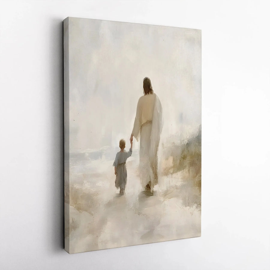 Jesus Walking with Child Canvas Wall Art | Christ Leading Boy on Beach Painting | Premium Christian Artwork | Inspirational Religious Home Decor Gift