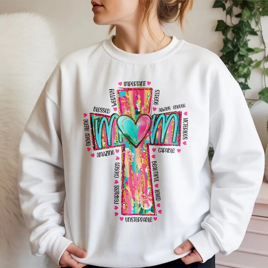 Christian Mama Cross Sweatshirt | Watercolor Faith Quote Graphic | Premium Cotton Blend | Gift for Religious Mother Religious Birthday Gift