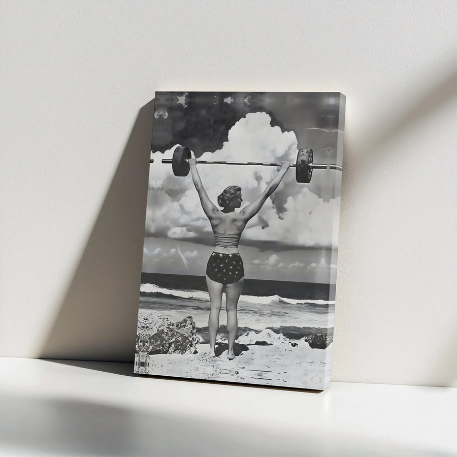 Vintage Weightlifting Woman Canvas | Black and White Beach Fitness Wall Art | Gallery Wrapped Premium Decor | Gym Motivation Gift for Her