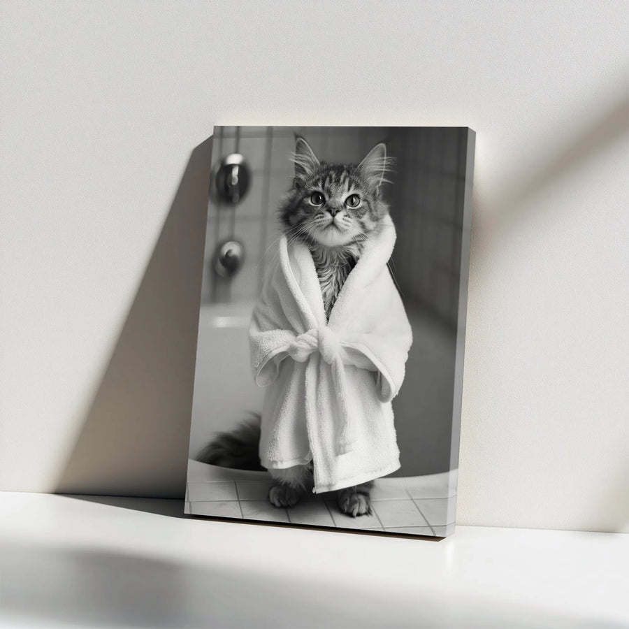Funny Cat Canvas Wall Art | Bathroom Decor Portrait | Premium Gallery Wrap Print | Whimsical Animal Lover Gift