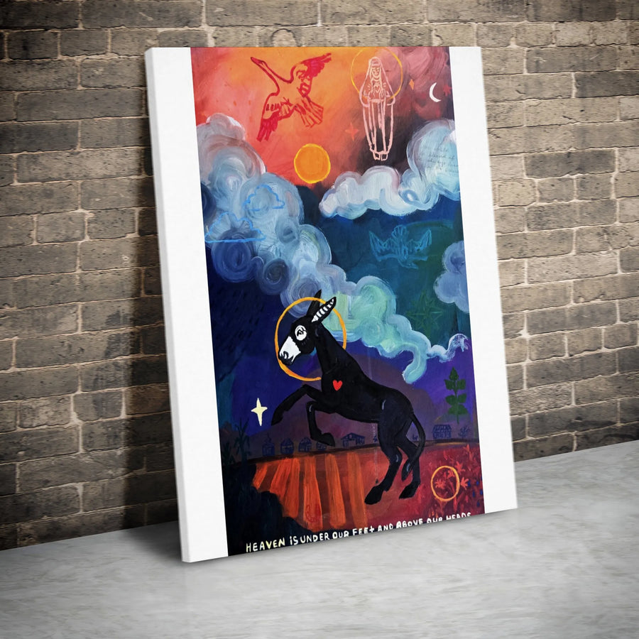 Spiritual Folk Art Canvas Print | Leaping Donkey with Halo Painting | Premium Gallery Wrapped Canvas | Inspirational Home Decor Gift
