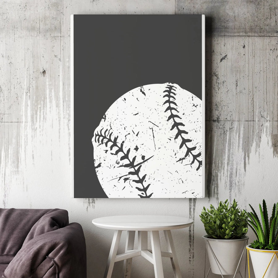 Minimalist Baseball Canvas Wall Art | Distressed Monochrome Graphic | Premium Gallery Wrapped Canvas | Gift for Coach or Player