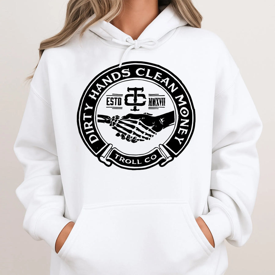 Dirty Hands Clean Money Hoodie | Industrial Skeleton Handshake Graphic | Premium Cotton Blend | Gift for Blue Collar Workers & Tradesmen