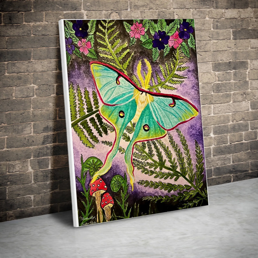 Luna Moth Canvas Wall Art | Whimsical Botanical Fern & Mushroom Print | Premium Gallery Wrapped Canvas | Cottagecore Decor Gift for Nature Lover