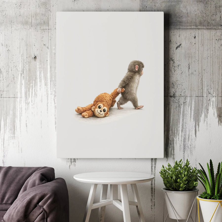Baby Monkey Canvas Wall Art | Funny Animal Dragging Stuffed Toy | Premium Thick Gallery Wrap | Unique Nursery Decor Gift for Kids