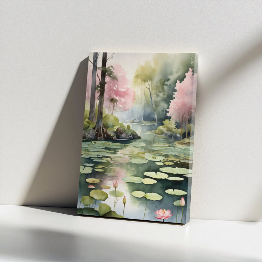 Watercolor Lily Pond Canvas Print | Serene Forest Lotus Wall Art | Premium Gallery-Wrap Decor | Calming Nature Gift for Home and Office