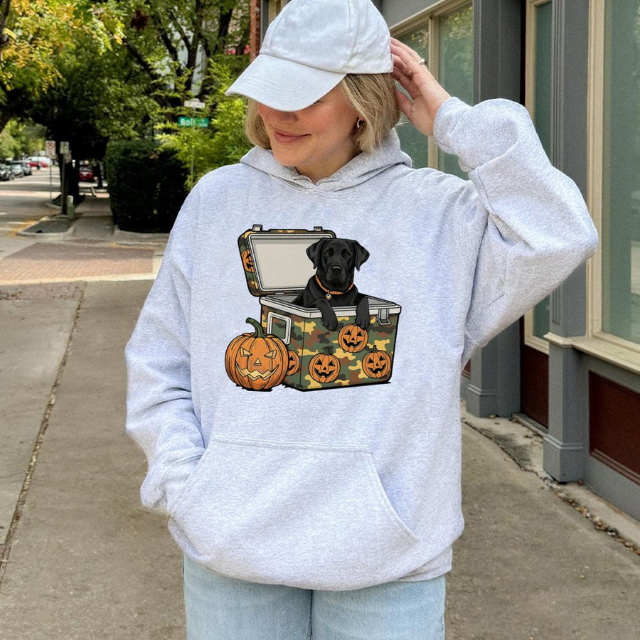 Black Lab Halloween Hoodie | Cute Labrador Dog In Camo Cooler Graphic | Cotton Blend Premium Sweatshirt | Spooky Season Gift For Dog Lovers