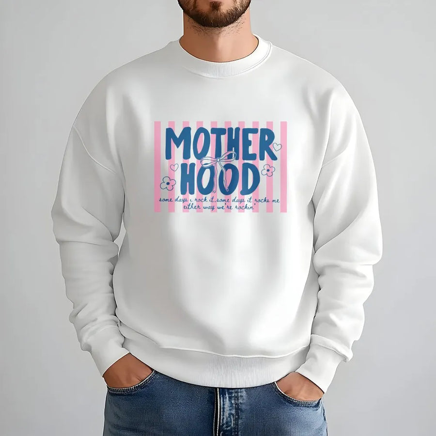 Motherhood Sweatshirt for Women | Retro Striped Graphic Print | Premium Soft Cotton Blend | Trendy Mama Gift, Cool Mom Club Apparel