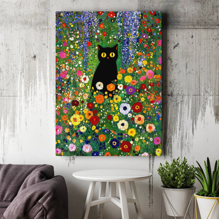 Black Cat Wall Art | Impressionist Flower Garden Canvas Print | 1.25" Gallery Wrap | Whimsical Animal Decor for Cat Lovers